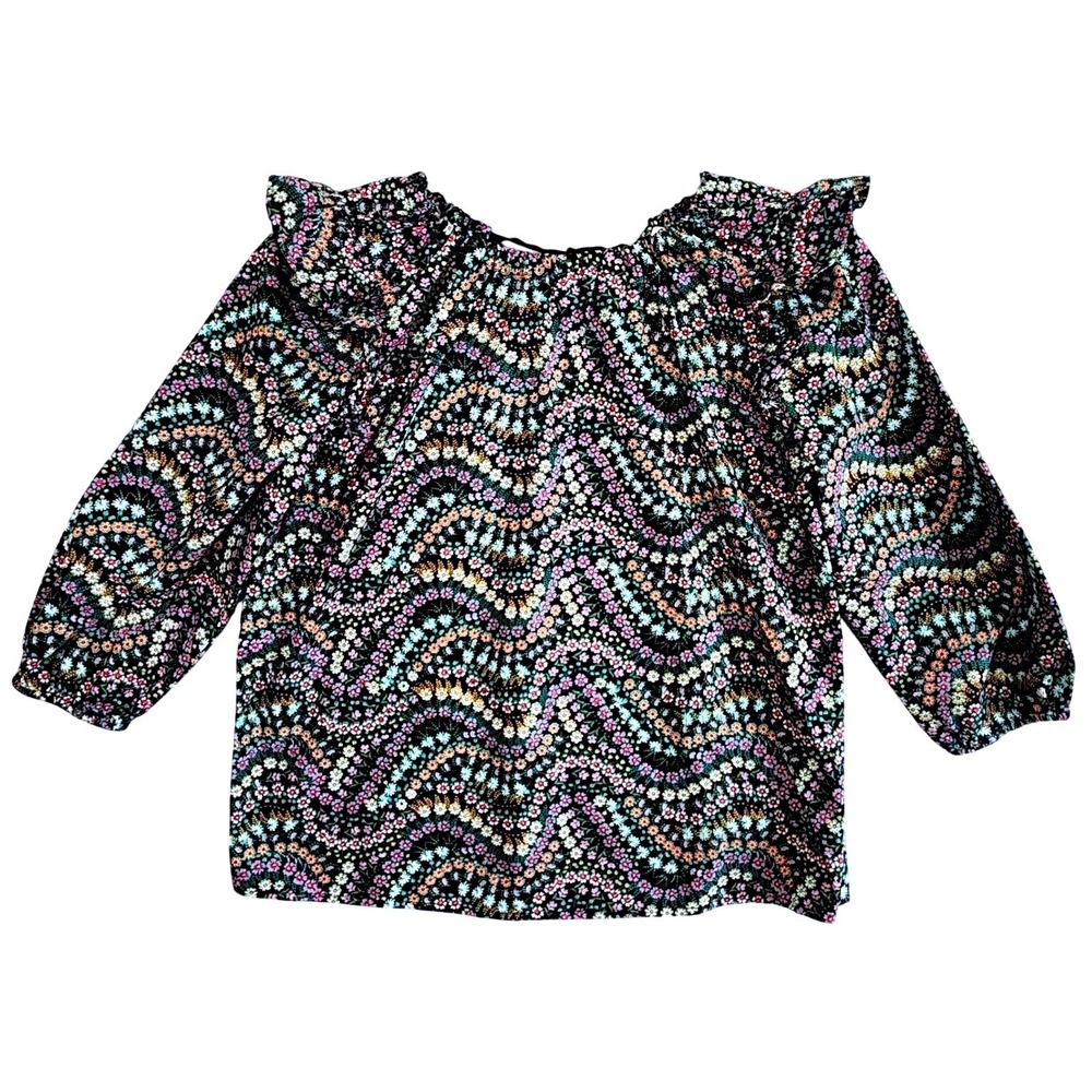 Loft Black Floral Blouse Women SP Wavy Ruffle Shoulder Tie Back Boho Top